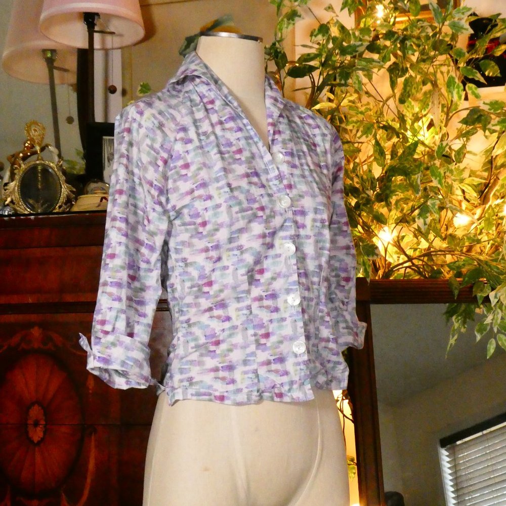 Vivien of Holloway 1950's Style Purple Watercolor Print Raglan Top Sz 10 - Picture 3 of 12